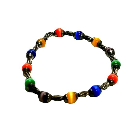 🌈 VTG Cats Eye Stretch Bracelet | Multicolor Fiber Optic Beads Silver Tone - Picture 7 of 12